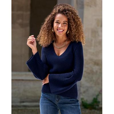 Boston Proper - Navy Blue - Flare Sleeve V Neck Sweater - XS