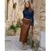 Boston Proper - Cognac Brown - Faux Leather Five Pocket Midi Skirt - 8