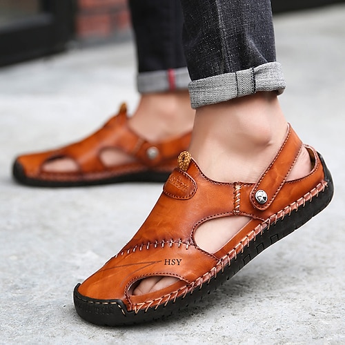 Herren Sandalen Ledersandalen Übergrössen Handgefertigte Schuhe Komfort Schuhe Wanderschuhe Brautkleider schlicht Strand Leder Atmungsaktiv Halbschuhe Schnalle Dunkelbraun Schwarz Braun Sommer Image