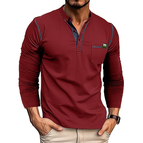 Herren T-Shirt mit Knöpfen T Shirt Henley Hemd T-Shirt Langarm Henley Frühling Herbst Farbblock Mode Designer Basic Patchwork Urlaub Straße Ausgehen Schwarz Weiß Wein Top T-Shirt für Herren Image