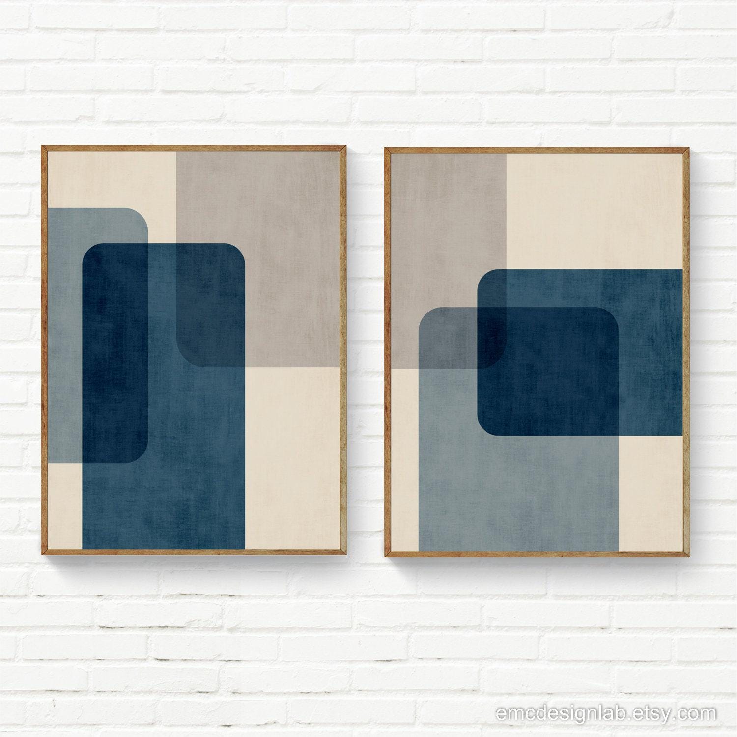 Set di 2 stampe murali blu navy e beige, set di 2 stampe geometriche minimaliste originali, stampe murali minimaliste, stampe grandi per ufficio, set