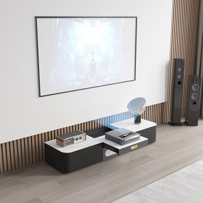 Modern TV Stand for Projector, Sintered Stone TV Cabinet with Drawers for Home Theater, Oak Veneer MDF, Black & White