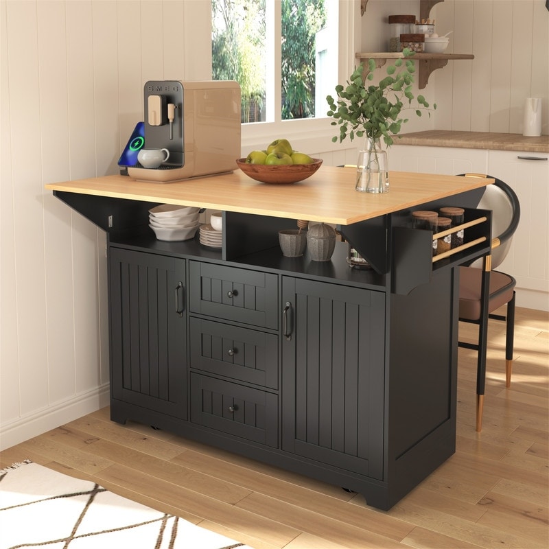 Kitchen Island with 2 Drop Leaf and Power Outlet, Kitchen Storage Island with Towel Rack, Rolling Kitchen Cart with 3 Drawers