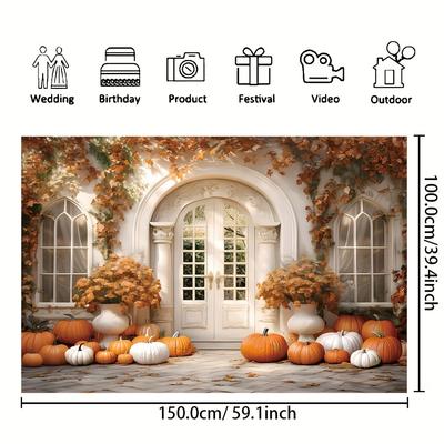 TEMU 1pc, Autumn Photography Backdrop, Vinyl, Pumpkin Dead Leaves Log Cabin Pattern Decoration, Birthday Cake Table Farm Harvest Banner, Thanksgiving Party Supplies Portrait Photo Booth Props