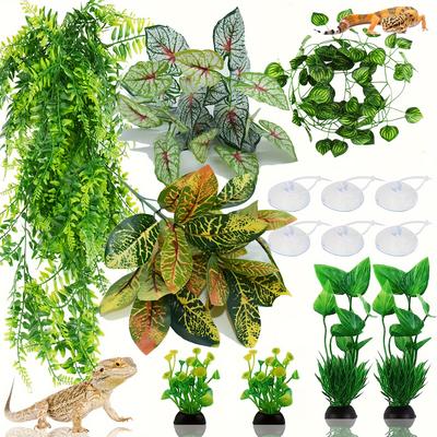 TEMU 14 Pcs Artificial Reptile Plants: Terrarium Hanging Leaves, Tank Accessories, Decorations For Bearded Dragons, Lizards, Geckos, And