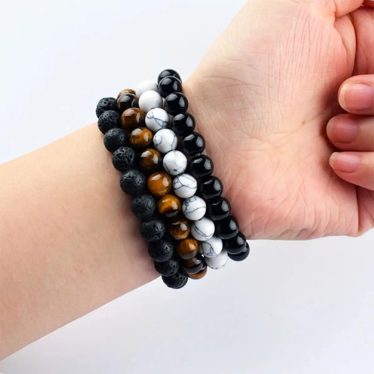 1pc 4 Bracciale con perline vintage in pietra naturale Pietra lavica Occhio di tigre Bracciale con perline in pietra nera turchese bianco