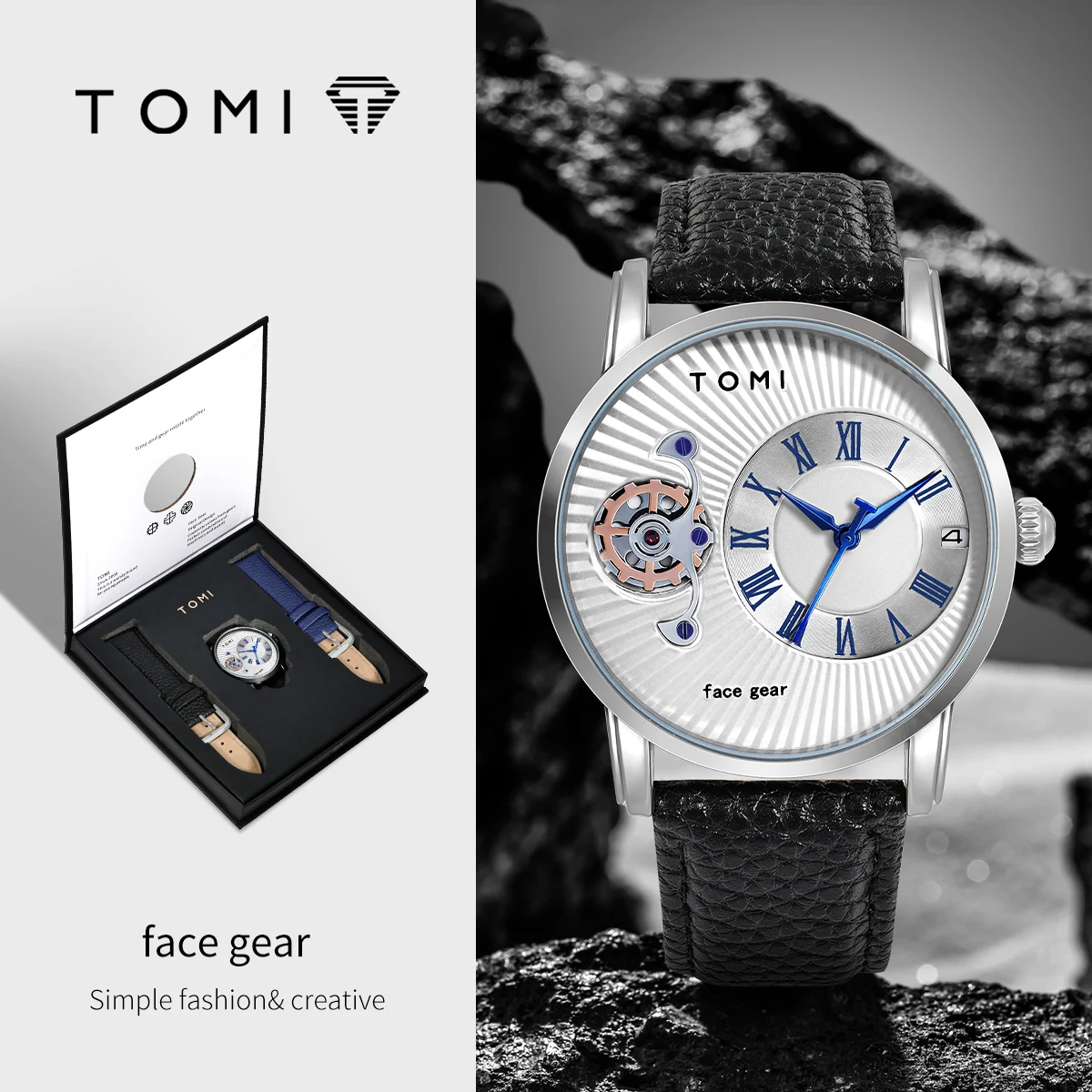TOMI classique minimaliste montre pour hommes coffret cadeau de luxe affaires hommes polyvalent montre à Quartz ronde grand cadran montre à Quartz cadeau