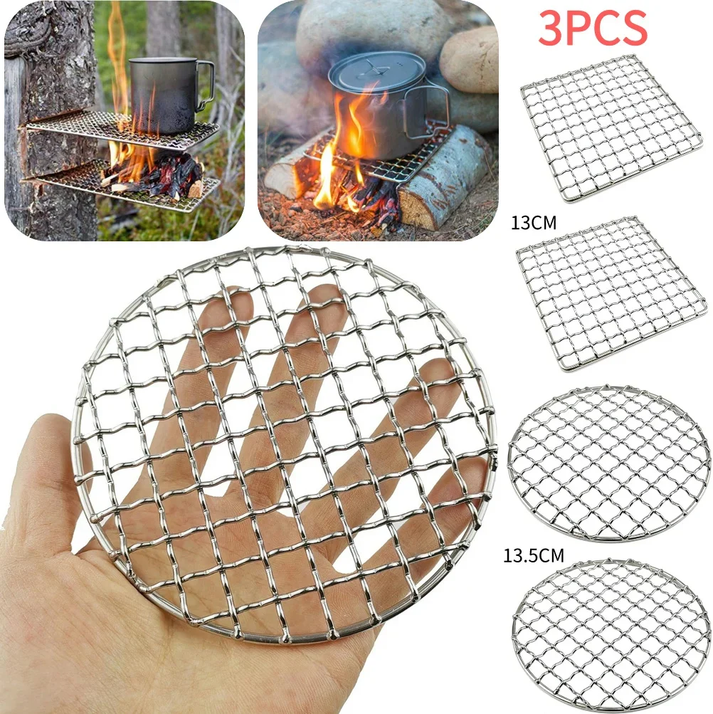 Edelstahl Camping Grill Rost Mesh Pads quadratische runde Grill netz Feuer Kochen Outdoor-Aktivitäten Reisen Picknick Grill Pad Image