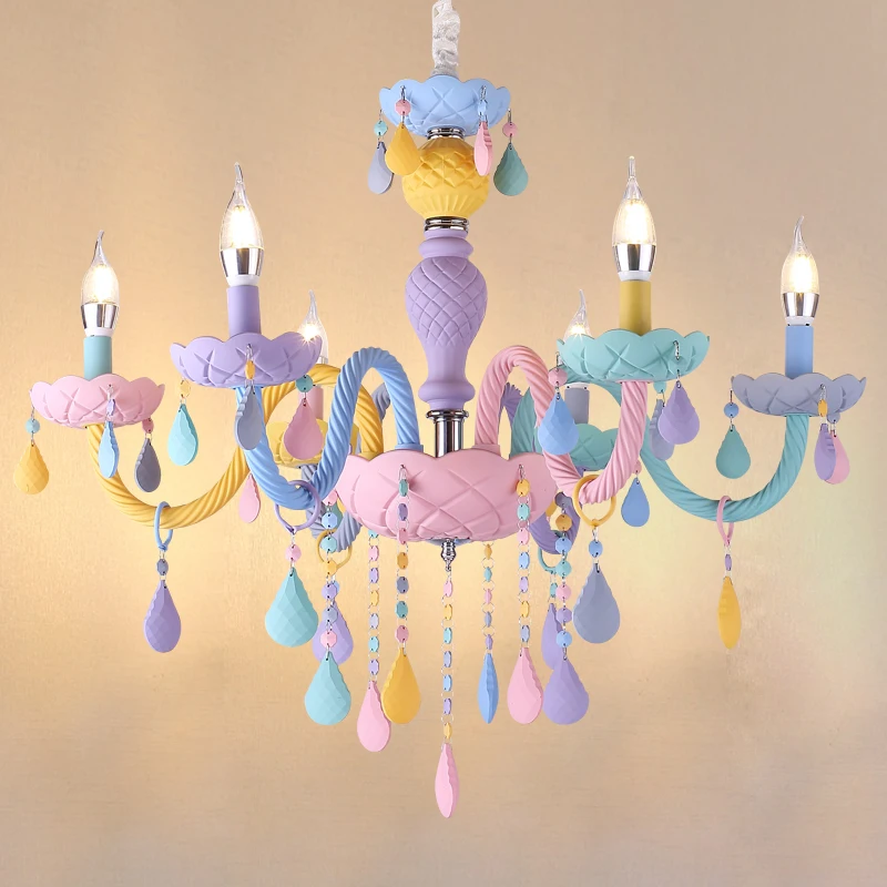 Moderne Macaron bunte Kristall Kronleuchter Regenbogen Kerze Lustres amerikanische Mädchen Prinzessin Kinderzimmer Leuchte Leuchten