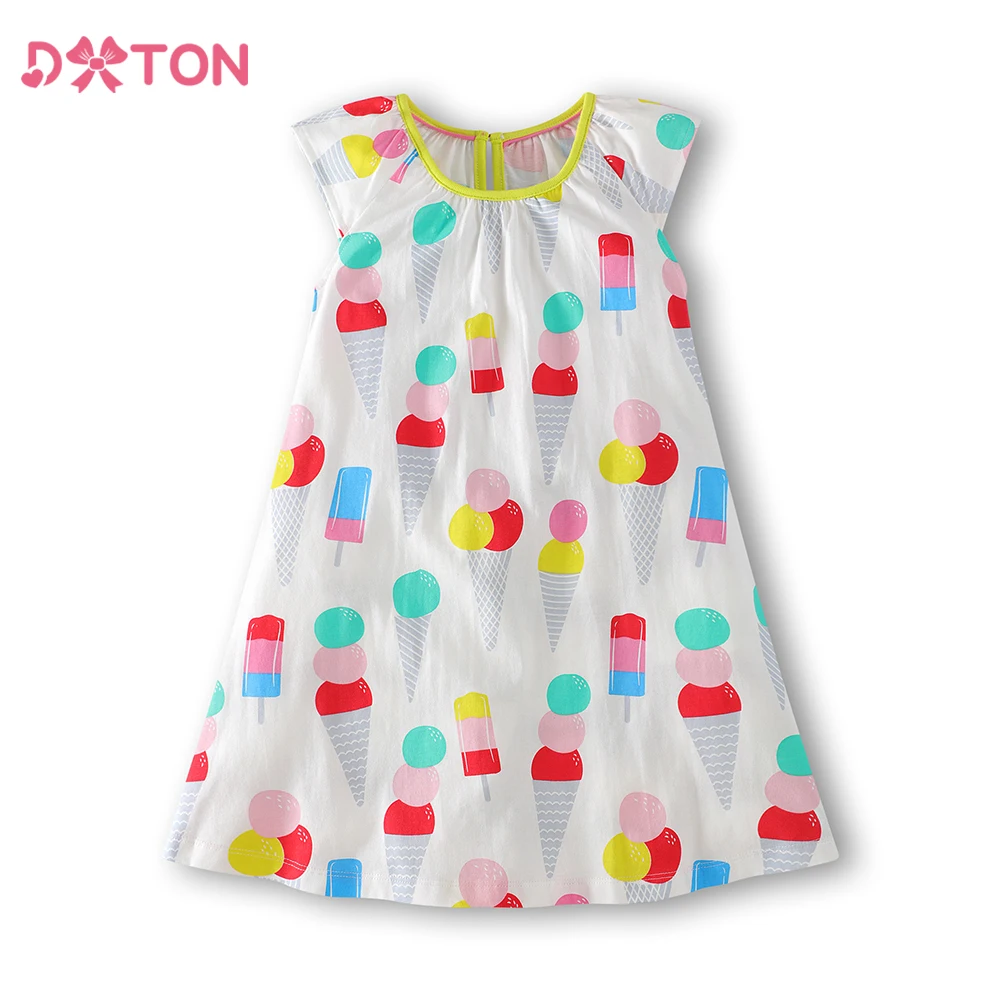 DXTON Mädchen Sommer Kleid Kinder Flare Hülse Eis Druck Cartoon Kleider Kinder Casual Baumwolle Vestidos Kinder Kostüme Kleidung Image