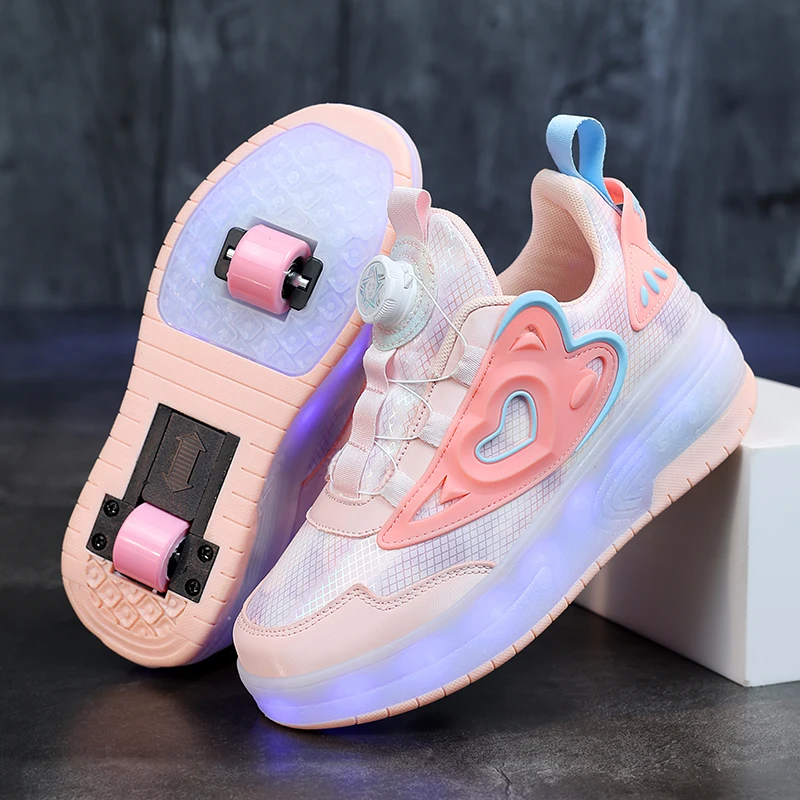 Kinder zwei Mädchen Räder leuchtend leuchtende Turnschuhe Absätze rosa LED Licht Rollschuh Schuhe Kinder führte Schuhe USB-Aufladung Mode