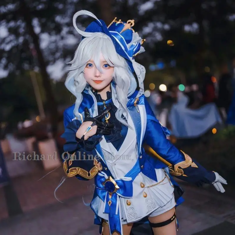 Schwarz Ousia Furina Cosplay Kostüm Perücke Hut Genshin Anime Focalors Spiel Cosplay Outfits Kurze Haare Party Frauen Kleid Anzug Kleidung Image