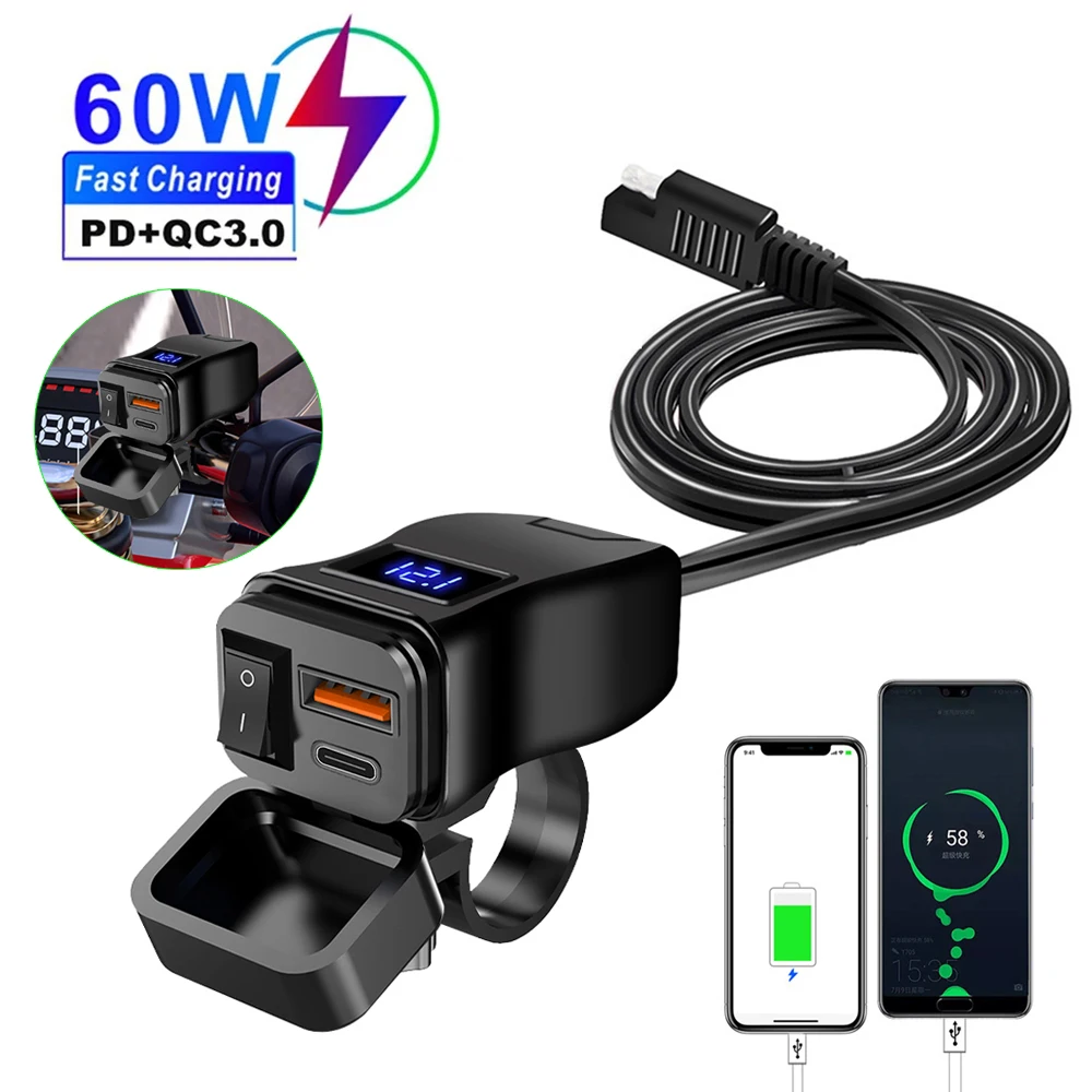 Pd qc 3,0 motorrad usb schnell ladegerät 60w lenker dual usb steckdose mit schalter voltmeter wasserdicht 12v netzteil adapter Image