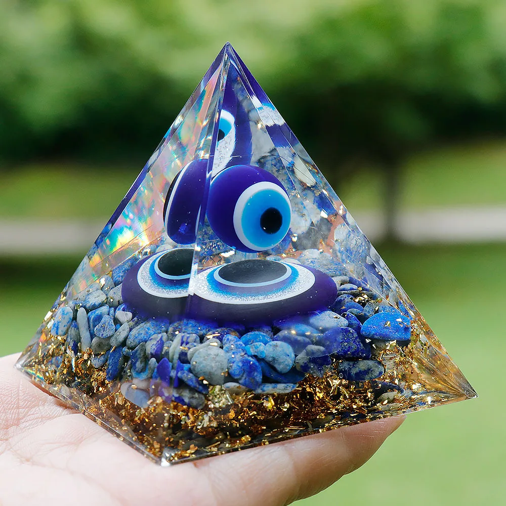 Böser Blick Kristall pyramide blaue Augen natürliche Lapislazuli Steine Heil kristalle Harz Pyramiden für Wohnkultur Ornament Geschenk box Image