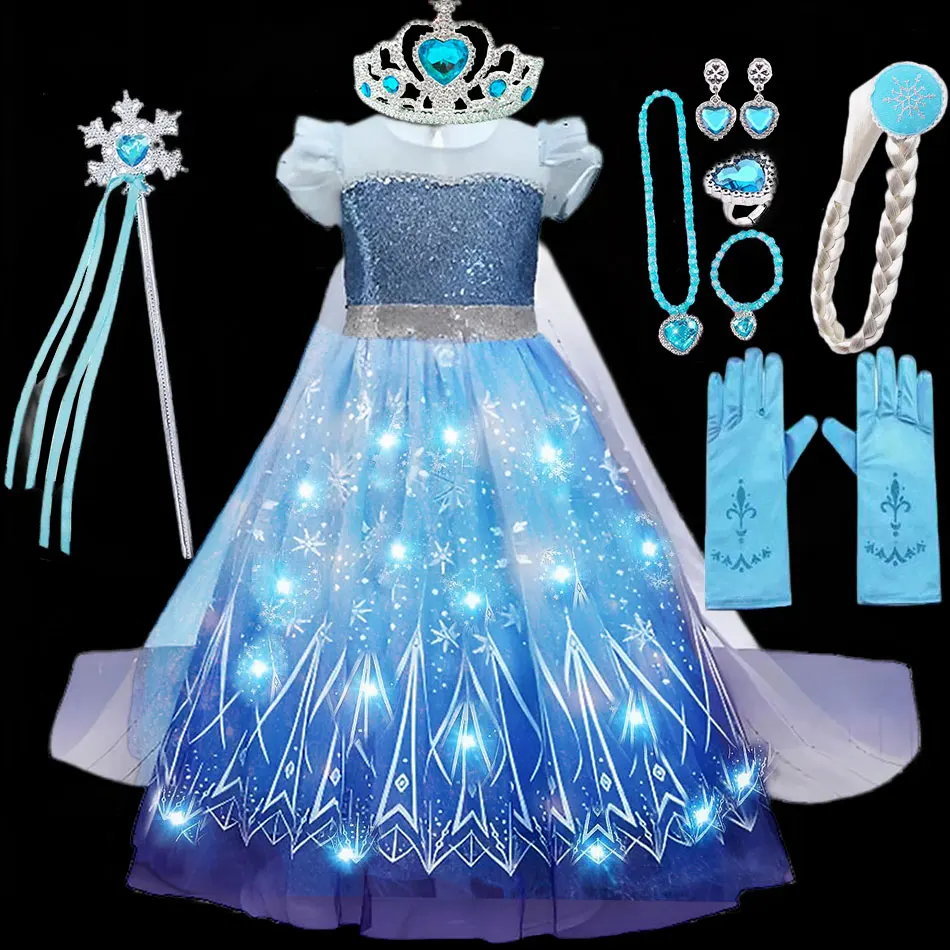 Disney New Elsa Costume Light up Fancy Girl Birthday Party Clothing Frozen Cosplay Snow Queen Dress with LED Kid Halloween Frock