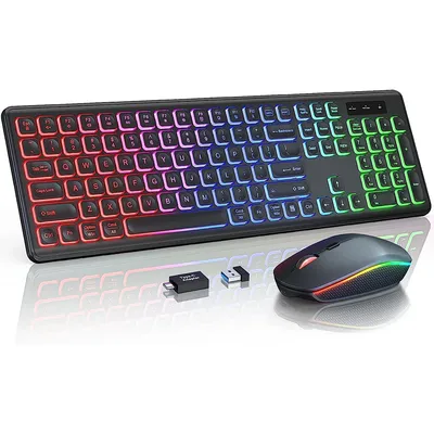 Wireless Keyboard and Mouse Combo RGB Backlit, Rechargeable Light Up Letters, Full-Size, Ergonomic,