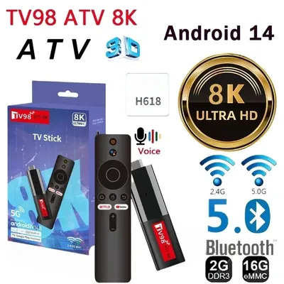 TV98 ATV Mini TV Stick Android 14 H618 Quad Core Cortex A53 Support 8K Video 4K Wifi6 BT5.0 Voice