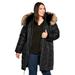 Plus Size Women's Chevron Faux Fur Hood Long Puffer Coat by Avenue in Black (Size 14/16)