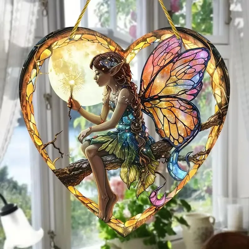1pcs Magical Fairy Magic Night Fairy Suncatcher Stained Glass Acrylic Heart Wall Hanging For Home And Garden Outdoor Decorative