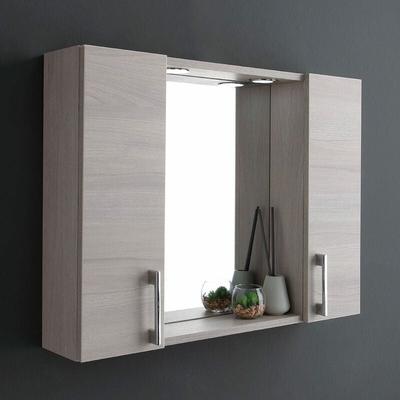 Container Badezimmerspiegel Mit Zwei Grauen Eichenholz-Wandschränken Und Led Image