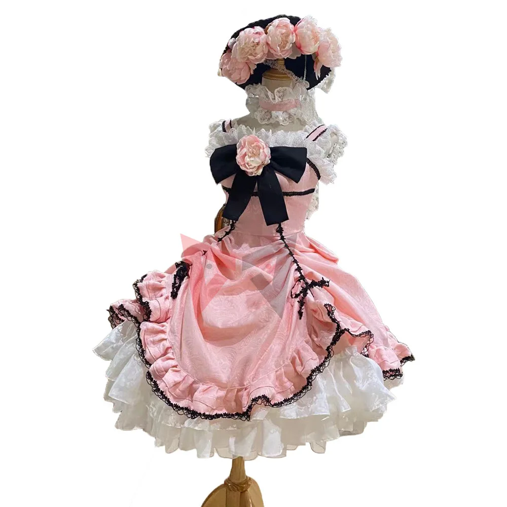 Anime Black Butler Brina Palencia Cosplay Kostüm Rosa Blau Lolita Kurzes Kleid Blumen Hut Nach Maß Image