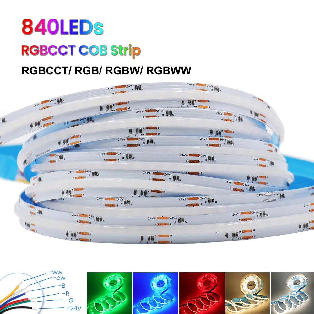 RGBCCT RGB RGBW RGBWW COB LED-Streifenlicht 24 V 784 840 LEDs Flexibles COB-Lampenband Dimmbares lineares Beleuchtungsband 1 m 2 m 3 m 4 m 5 m Image