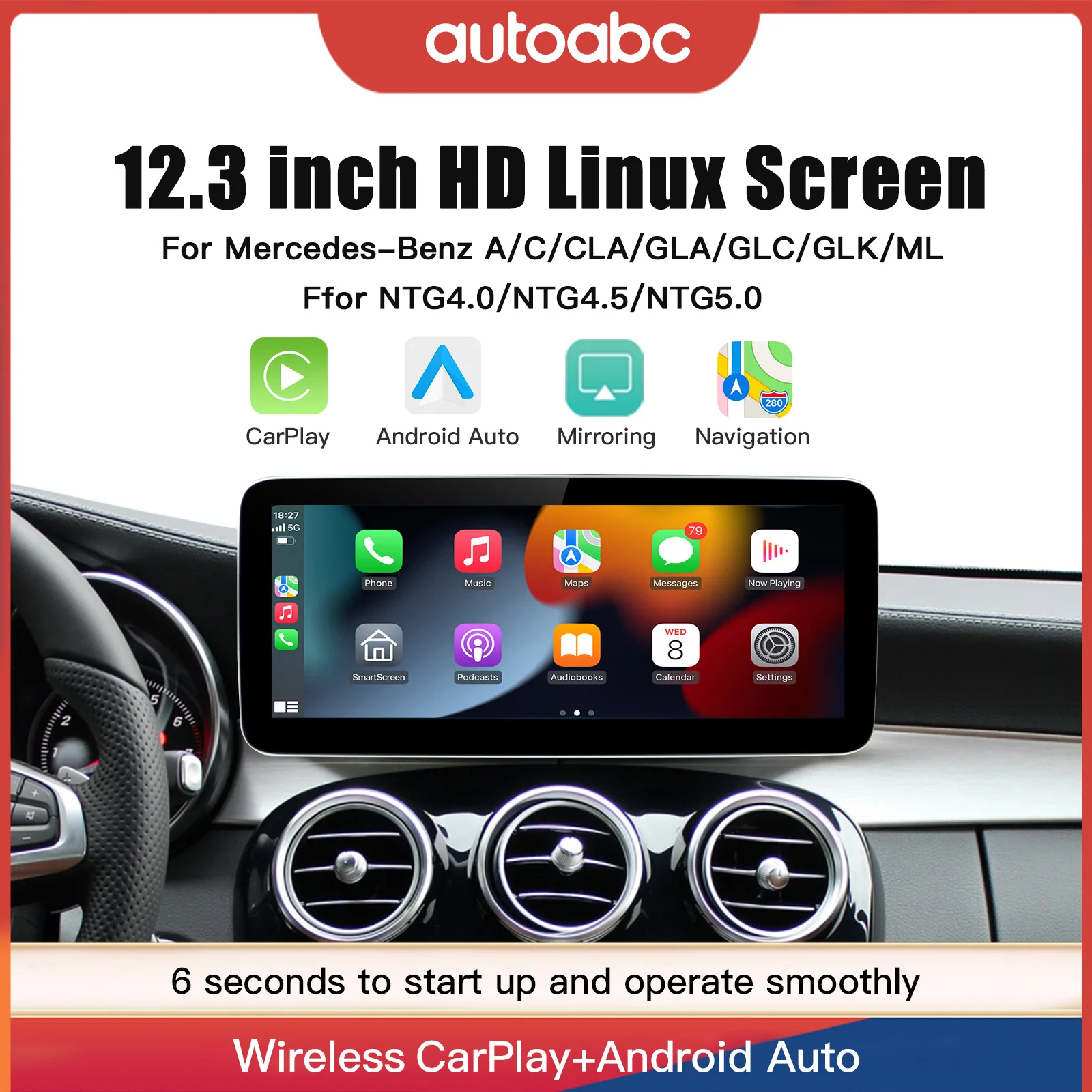 Drahtloses Carplay/Android Auto 12,3'' Touchscreen Multimedia für Mercedes Benz NTG5.0 A B E C GLE W167 W212 W246 W205 W176 C117 Image