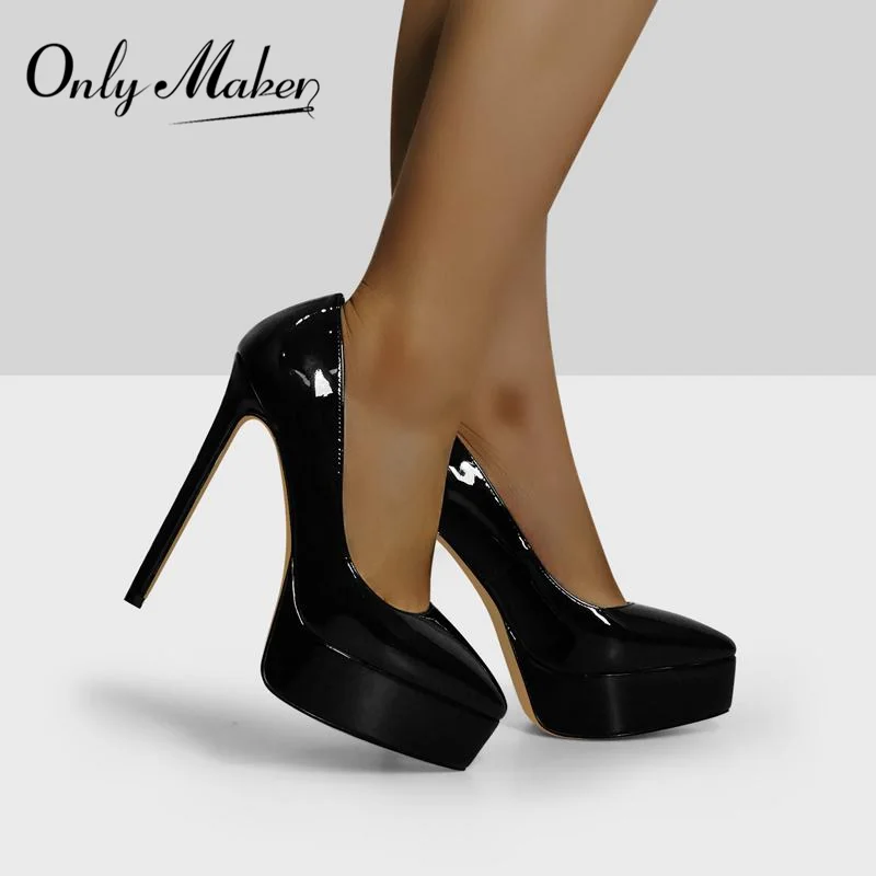 Onlymaker Frauen Spitz Plattform Pumpen Concise Slip Auf Dünne High Heels Patent Leder Matte Schwarz Große Größe Elegante Schuhe