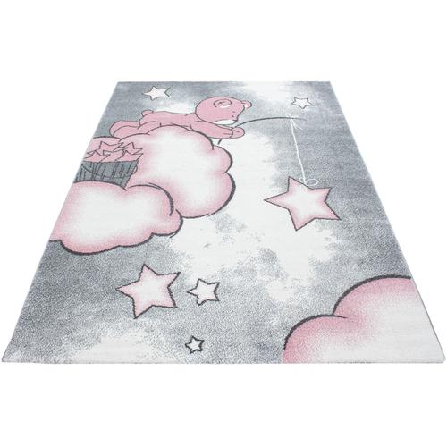 Kinderteppich AYYILDIZ TEPPICHE ""Kids 580"" Teppiche Gr. B: 160cm, 12mm, L: 230cm, pink (pink/grau) Kinder Teddybär, Sterne Design, Kurzflor