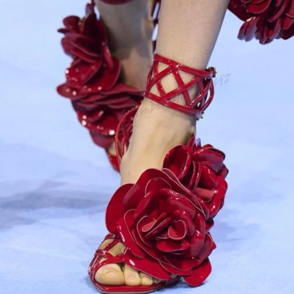 Rote Blume Dekor aushöhlen Sandalen Rücken Riemen offene Zehen Schuhe für Frauen Stilettos High Heels sexy Schuhe Zapatos Para Mujere