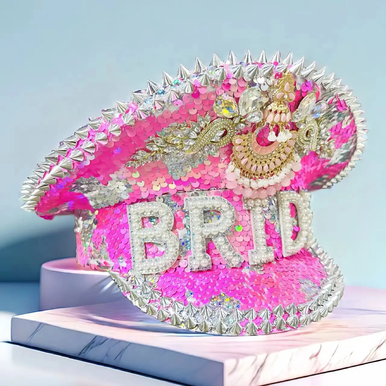 HongLuan Rosa Braut Kapitän Hut Strass für Hochzeit Frauen, Vintage Militärzubehör & Mütze für Junggesellenabschied Frau Image