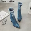 Frauen Denim Stiefel Plus größe 34-43 Spitz Elastische Cowboy Stiefeletten Starke Ferse High Heels Schuhe frau Weibliche Socken Stiefel