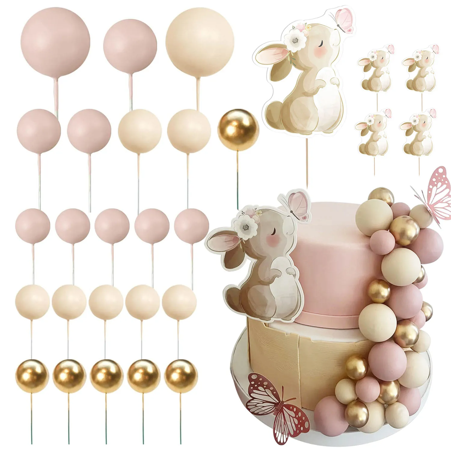 43 Stück Hasen creme Gold kugeln Kuchen deckel Schmetterling Kaninchen Geburtstags torte Dekorationen tragen Geburtstag Baby party Cupcake Topper Image