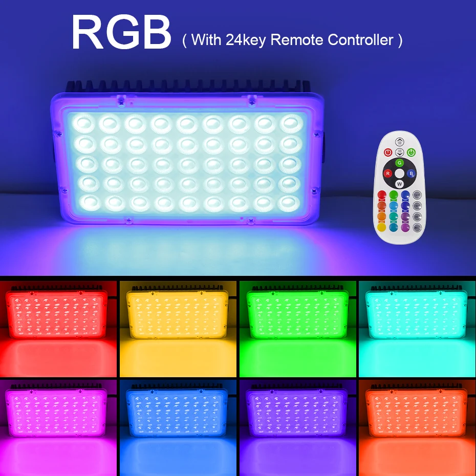 200 W 100 W 50 W 220 V RGB-Flutlicht-LED-Strahler, dimmbar, mit Fernbedienung, wasserdicht, IP66, RGB-LED-Projektor, Außenbeleuchtung