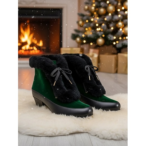 Rote Stiefeletten mit Fellfutter und Blockabsatz im Retro-Stil für Damen – perfekt für den Winterurlaub und Weihnachtsfeiern Image