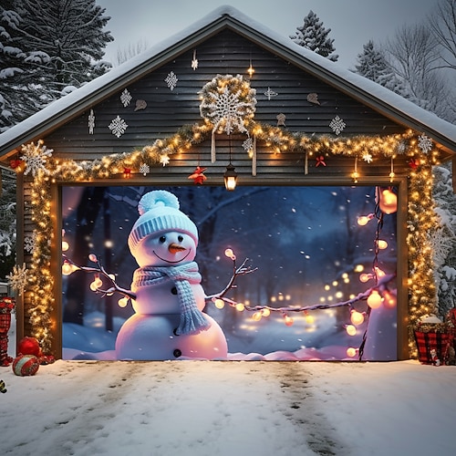 Weihnachtstürdekorationen für den Außenbereich, Garagentorabdeckung, Schneemann, Weihnachtstürbanner, Party, große Türwandkulisse, Dekoration für den Urlaub, Wanddekorationen für zu Hause Image