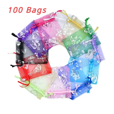 100PCS Luxury Butterfly Printed Organza Bags Drawable Jewelry Pouch Gift Packaging Candy Bag For