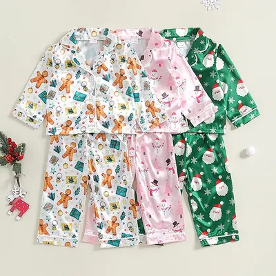 2024-06-19 Lioraitiin Kid Boy Girl Christmas Pajamas Set, Snowman Print Long Sleeve Button Down Tops