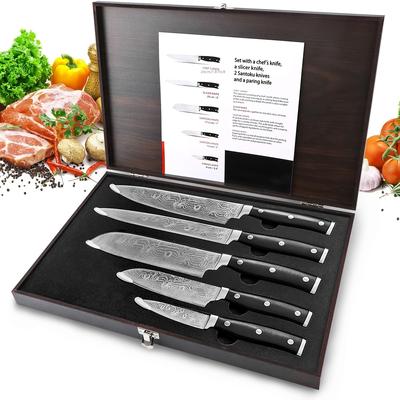 TEMU Knife Set, 5 Pieces Professional Kitchen Set With Wooden Box, Stainless Steel Finish, Includes Chef Knife, Slicing 2 Sankotu Knives And Paring