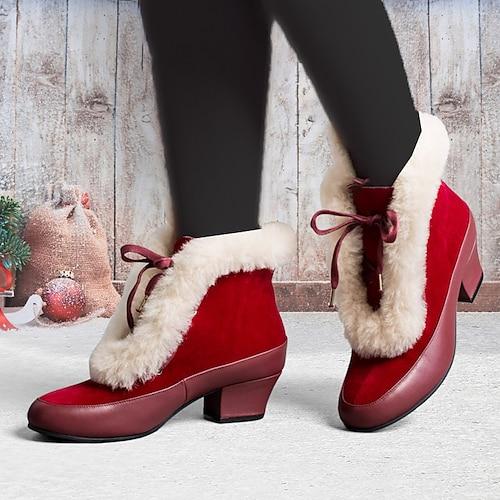 bottines à talon carré doublées de fourrure rouge de style rétro pour femmes - parfaites pour les vacances d'hiver et les fêtes de Noël