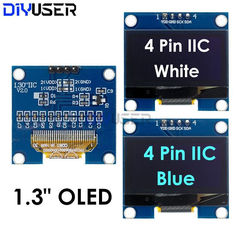 DIYUSER 1,3" IIC OLED Display Modul Weiß Blau Farbe Stick Chip SH1106 128X64 1,3 Zoll LCD IIC I2C Kommunizieren für Arduino Image