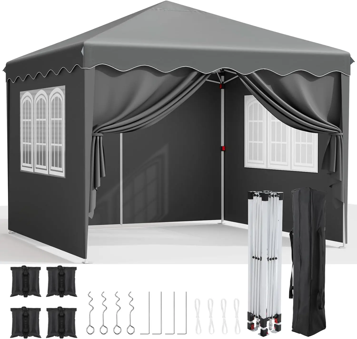 Pop-Up-Überdachung mit Seitenwänden, Winterpavillon für den Außenbereich, 10'x10' (3x3m) Partyzelt, verstellbare Beinhöhen, Fenster, Tragetasche mit Rollen