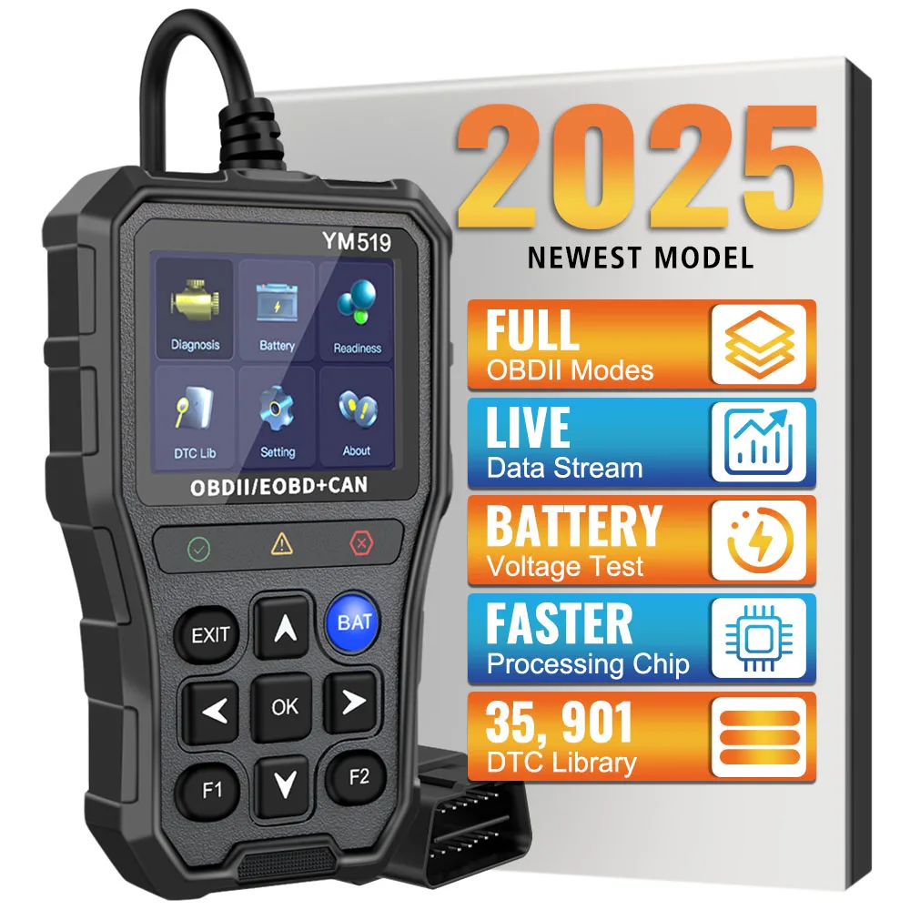 Contrôle du système de moteur, outil de Diagnostic de voiture, Scanner de Code de défaut, testeur de batterie, lecteur de Code OBD2 multilingue, lecteur de Code YM519