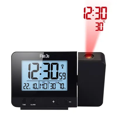 FJ3531 Projektionswecker, digitales Datum, Schlummerfunktion, LED-Projektor, Schreibtisch, Tisch, Thermometer, Hygrometer, Uhrzeit, Hintergrundbeleuchtung