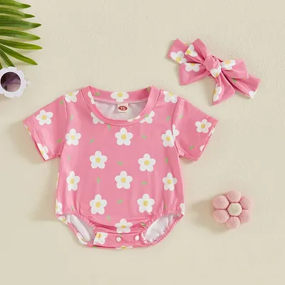 2024-05-15 Lioraitiin Baby Girl 2Pcs Summer Outfits Short Sleeve Flower Leaf Print Romper with