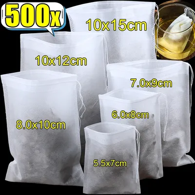 500/50pcs Disposable Tea Bags Non-woven Fabric Tea Filter Bag with Drawstring for Coffee Spice