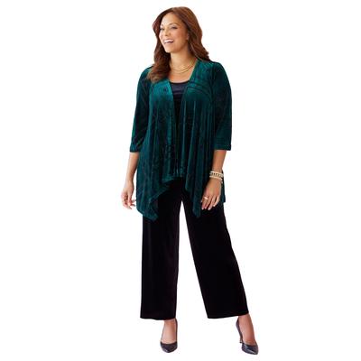 Plus Size Women's AnyWear Velvet Burnout Cascade Cardigan by Catherines in Emerald Green Geo Burnout (Size 6X)