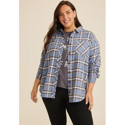 Maurices Plus Size Women's Plaid Game Day Graphic Back Oversized Button Down Shirt Blue Size 2X