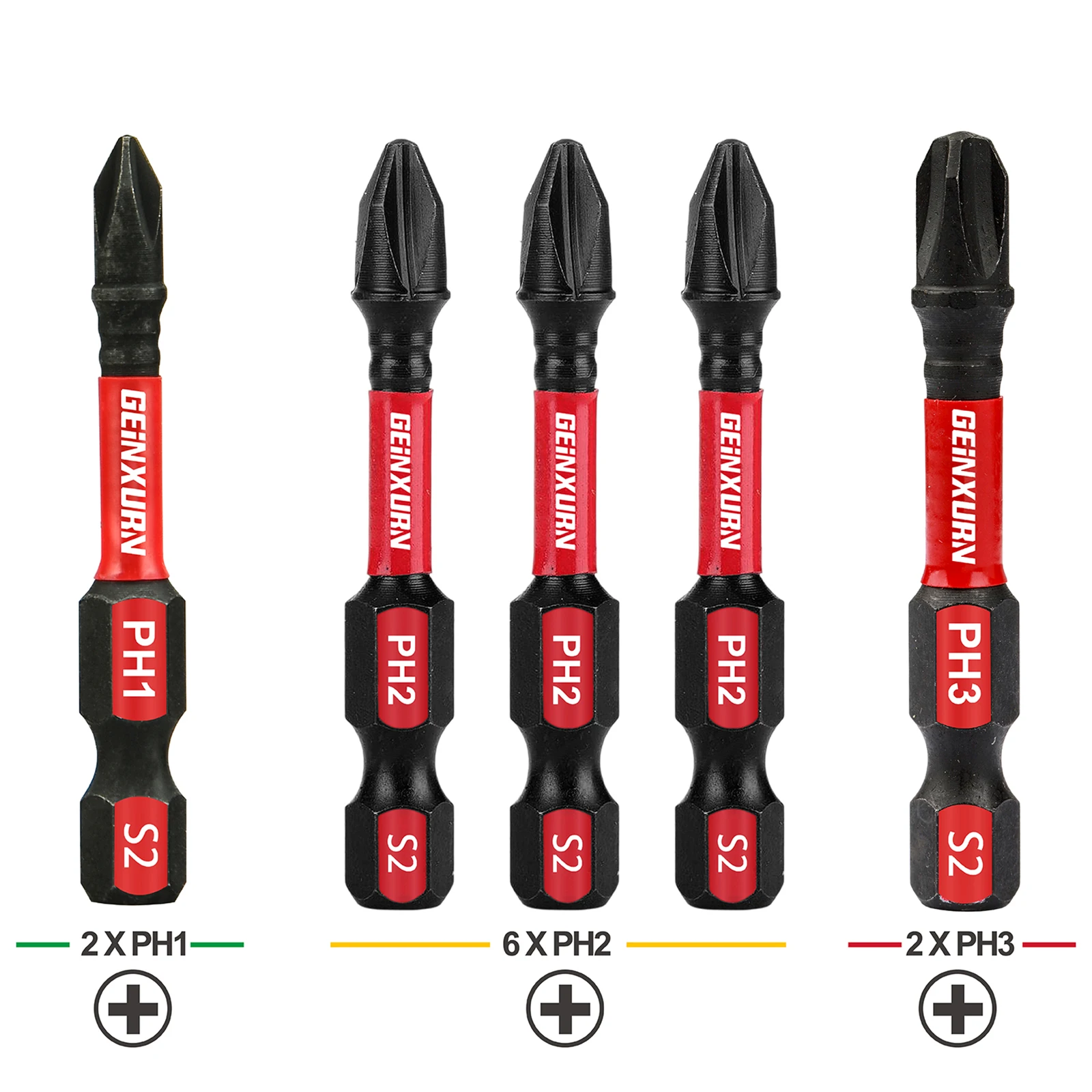 Geinxurn 2 pollici. Impatto resistente # 1 # 2 # Set di 3 punte per cacciavite Phillips, set di punte magnetiche in acciaio legato S2 (PH1/PH2/PH3)