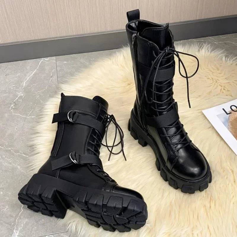 Frühling Motorradstiefel Damen Cosplay Hohe Stiefel Lange Röhre Leder Ritterstiefel Punk Gothic Klassisch Schwarz High Heel Schuhe